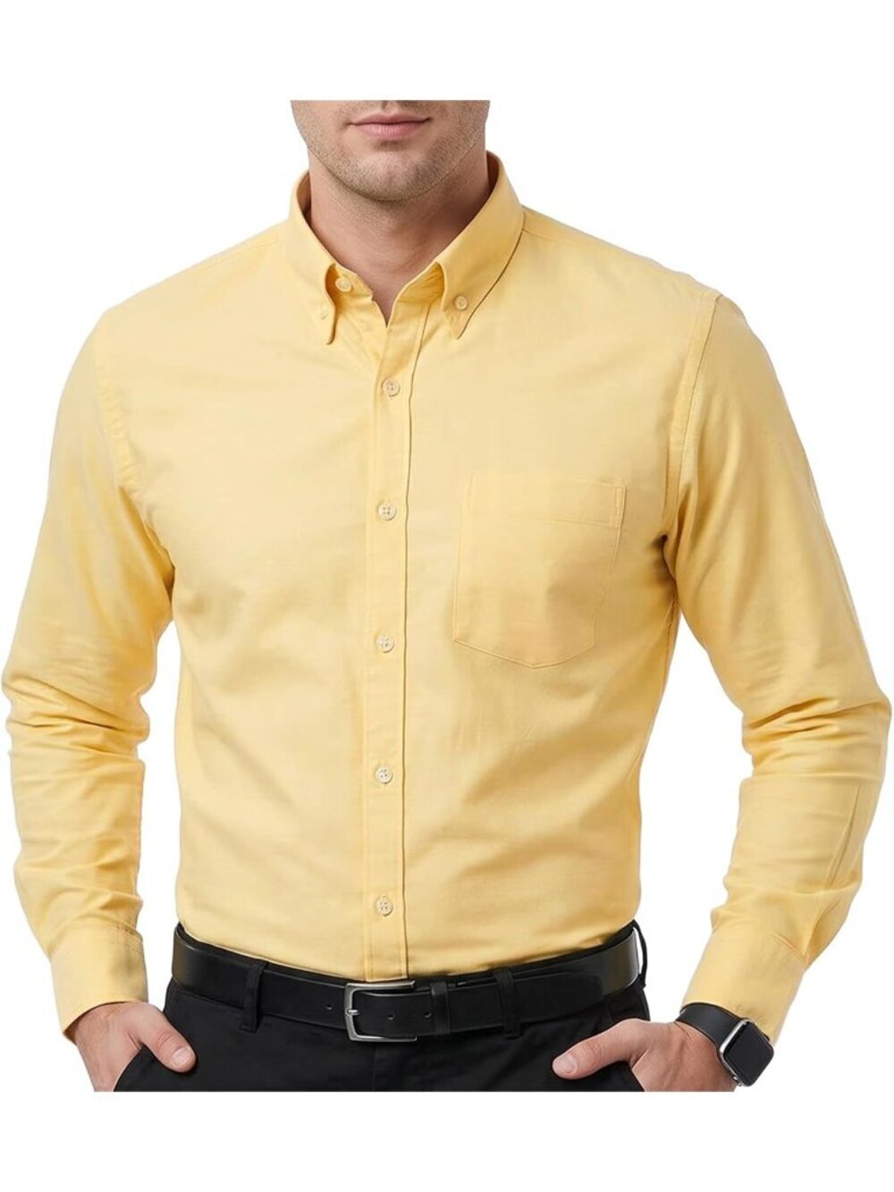 Men's Yellow Long Sleeve Button Down Work Casual Dress Shirts with Pocket